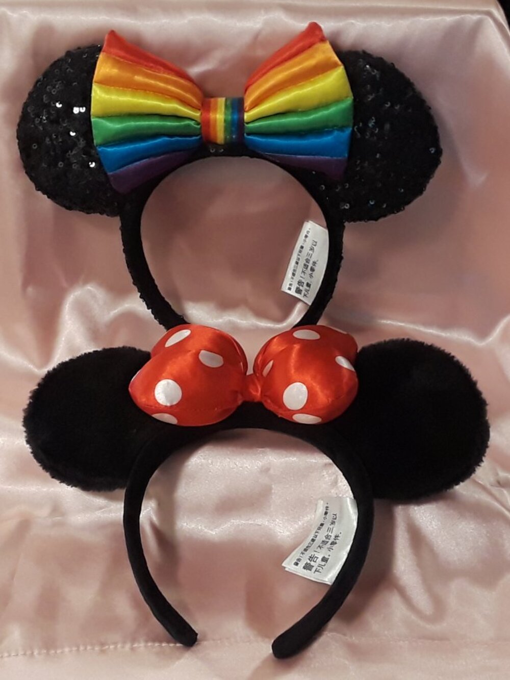 2 Disney Parks Minnie Mouse Ears Headbands: Black Sequin/Rainbow + Red/White Dot